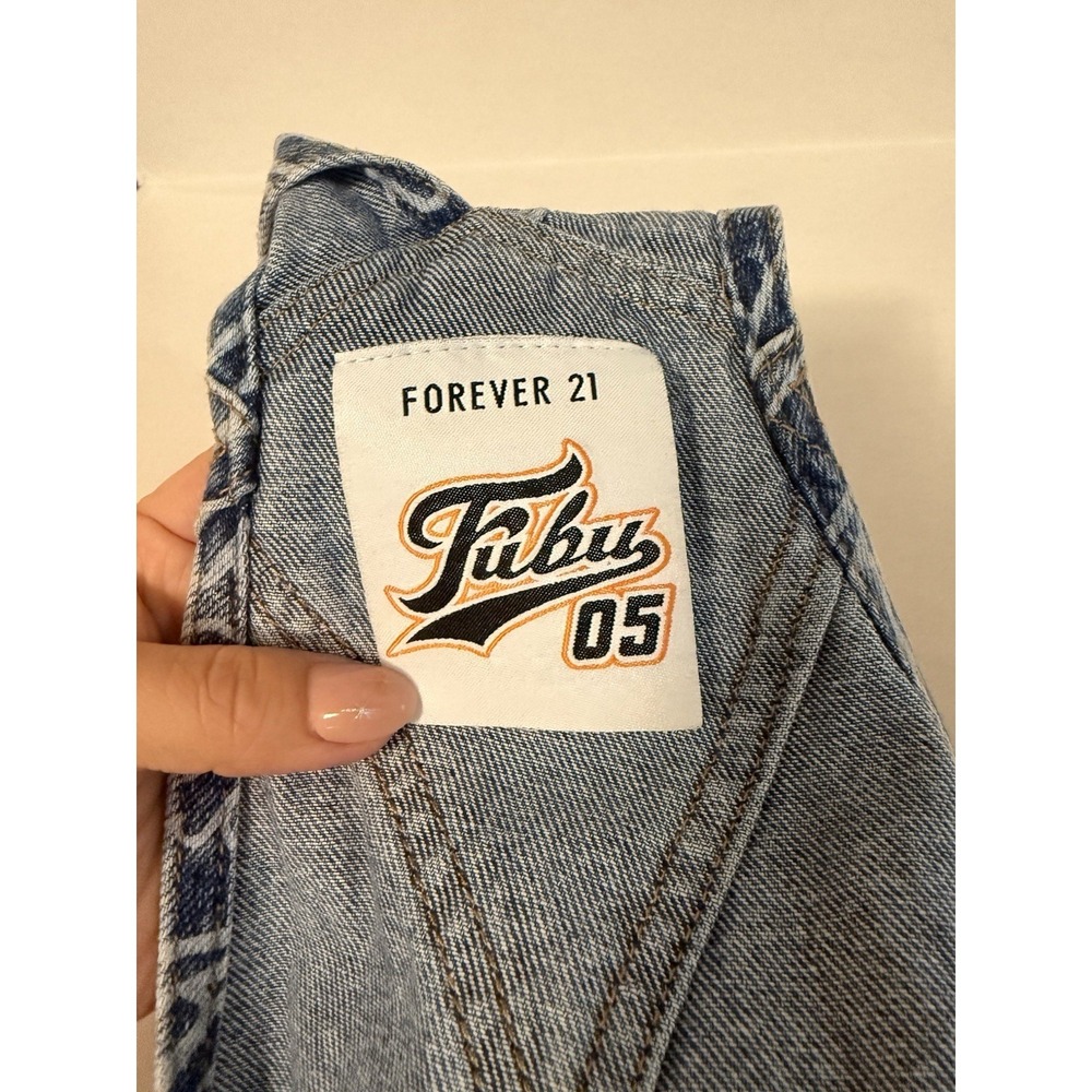 Fubu x Forever 21 Denim Overalls All Over Print 05 Orange Straps Y2K Women Sz S - Picture 9 of 16